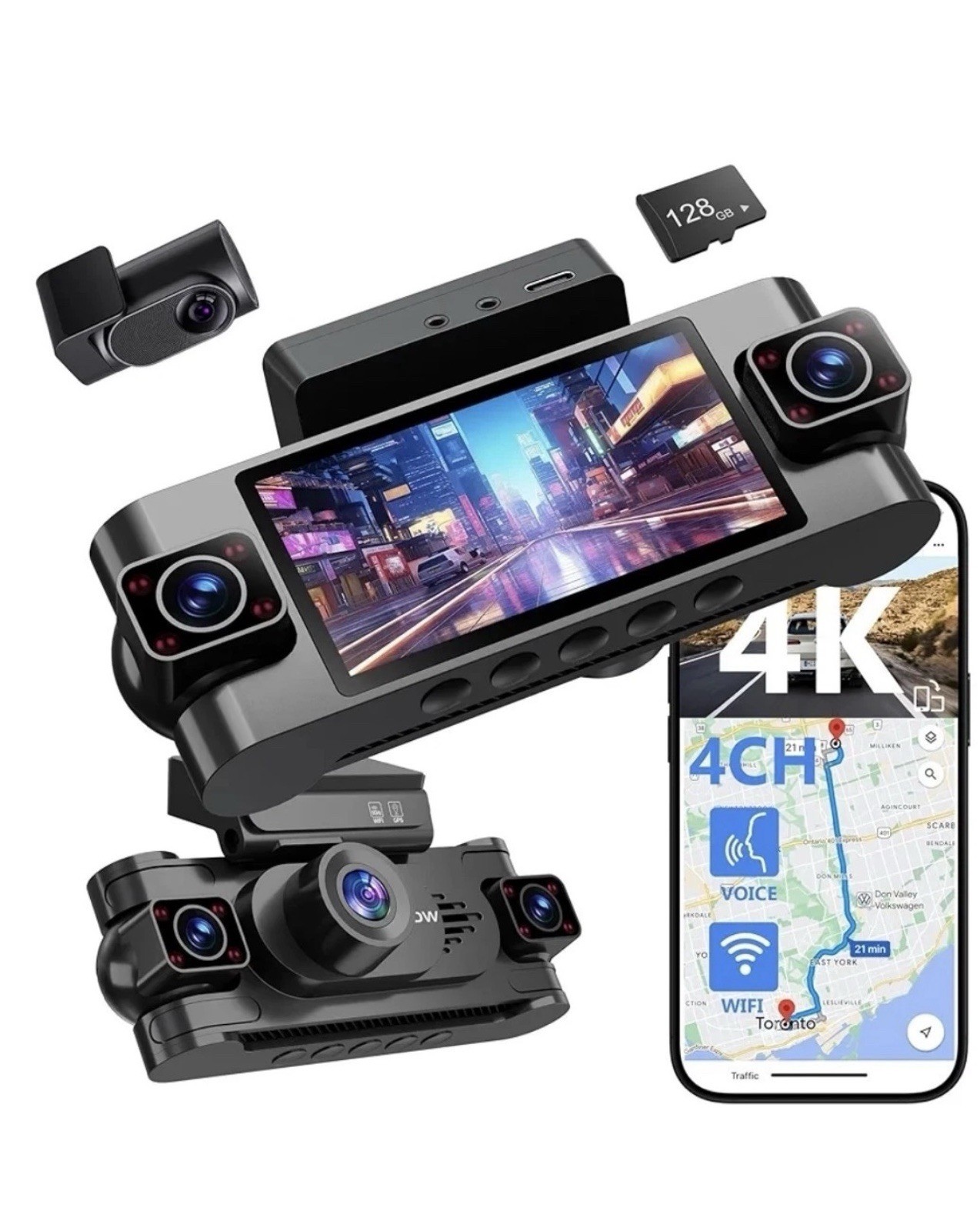 4 Channel Dash Cam 360° View,4K Front Rear Inside Dashcam,Left Right Dash Camera