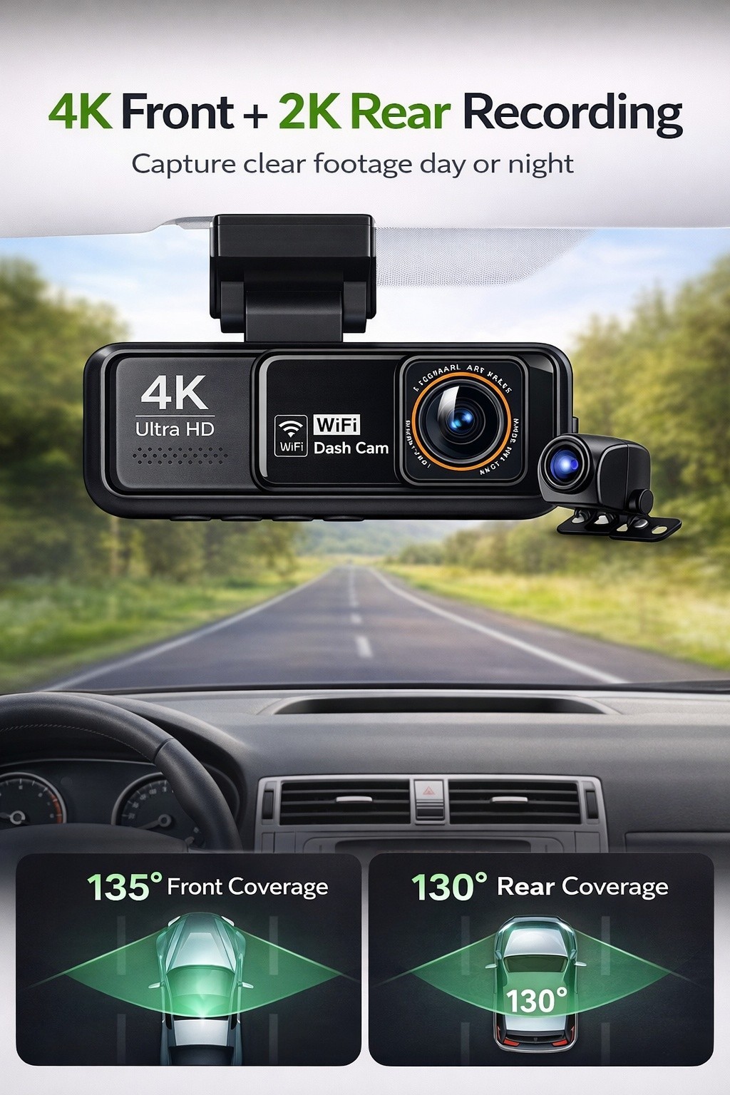 4K Dash Cam Front Rear WiFi GPS 64GB Hardwire Kit Dual Power Night Vision