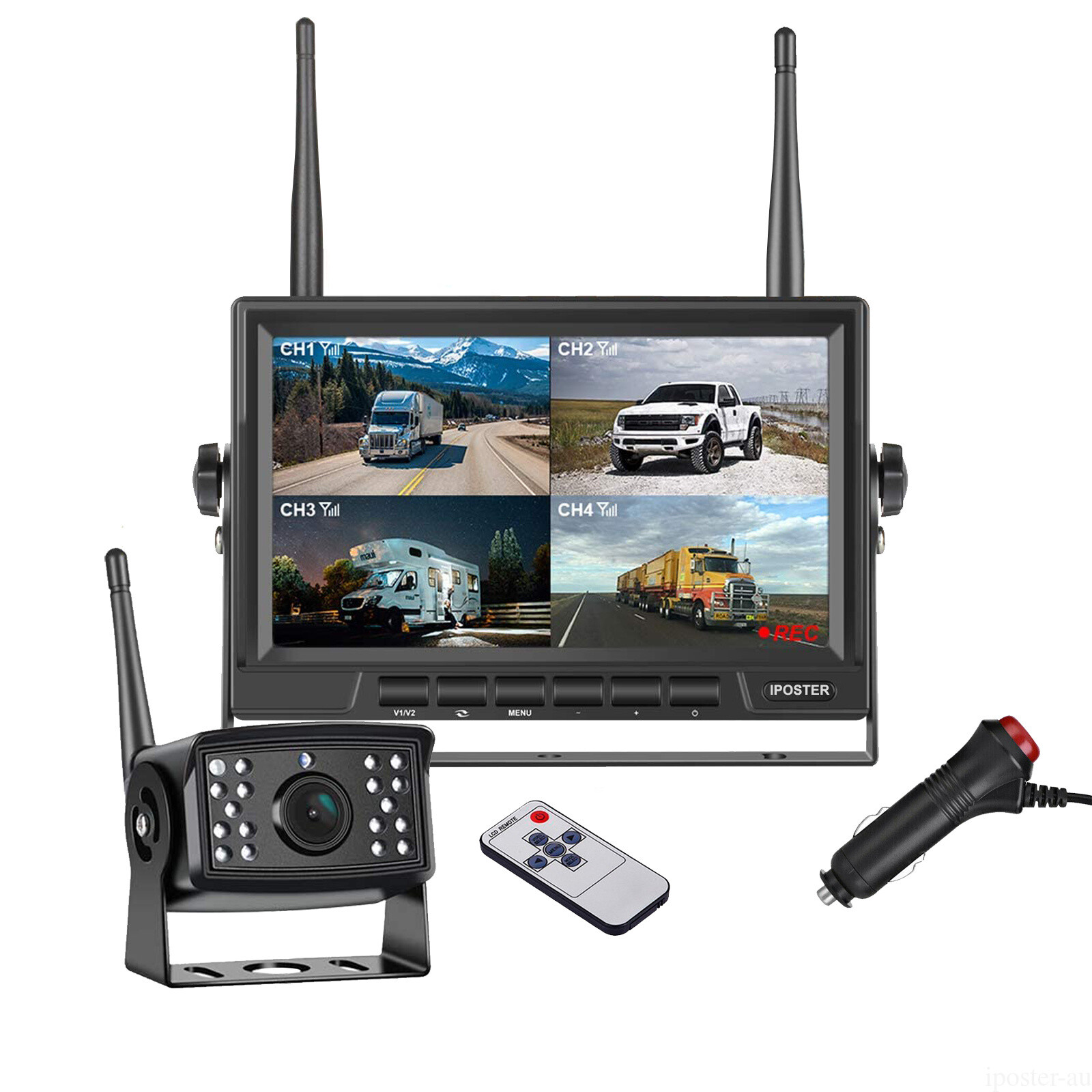 Digital Wireless Rear View Backup Camera 7″ Quad DVR Monitor For Truck Caravan