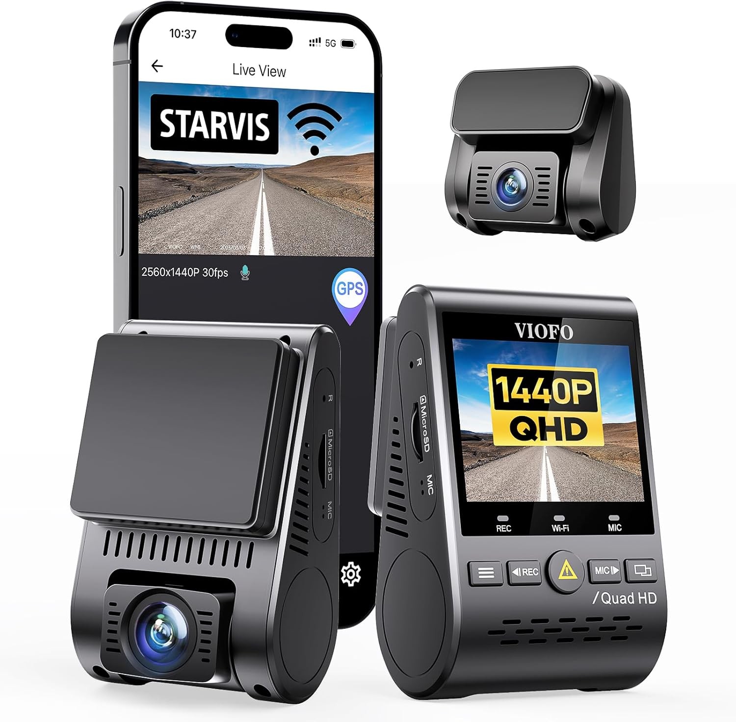 VIOFO Dual Dash Cam, 2K 1440P 60fps+1080P 30fps Front and Rear black