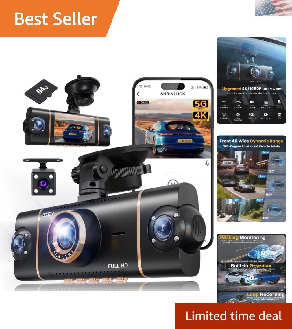 4 Channel 360° Dash Cam Front Rear Inside & Left Right, 4K+1080P*3 FHD Car Ca…
