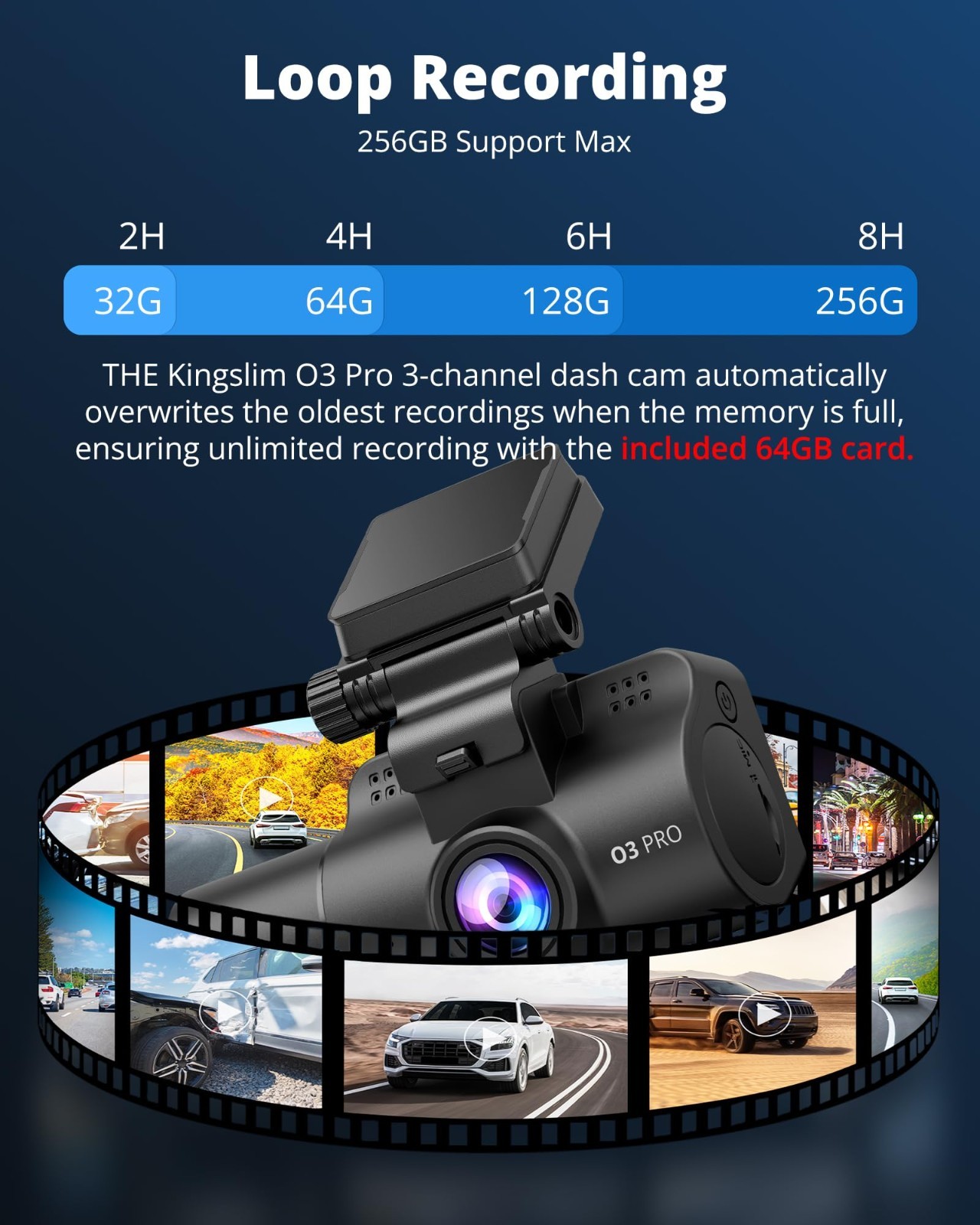3-Channel 2.5K Dash Cam Front & Rear, 64GB Card, WiFi, Night Vision, G-Sensor