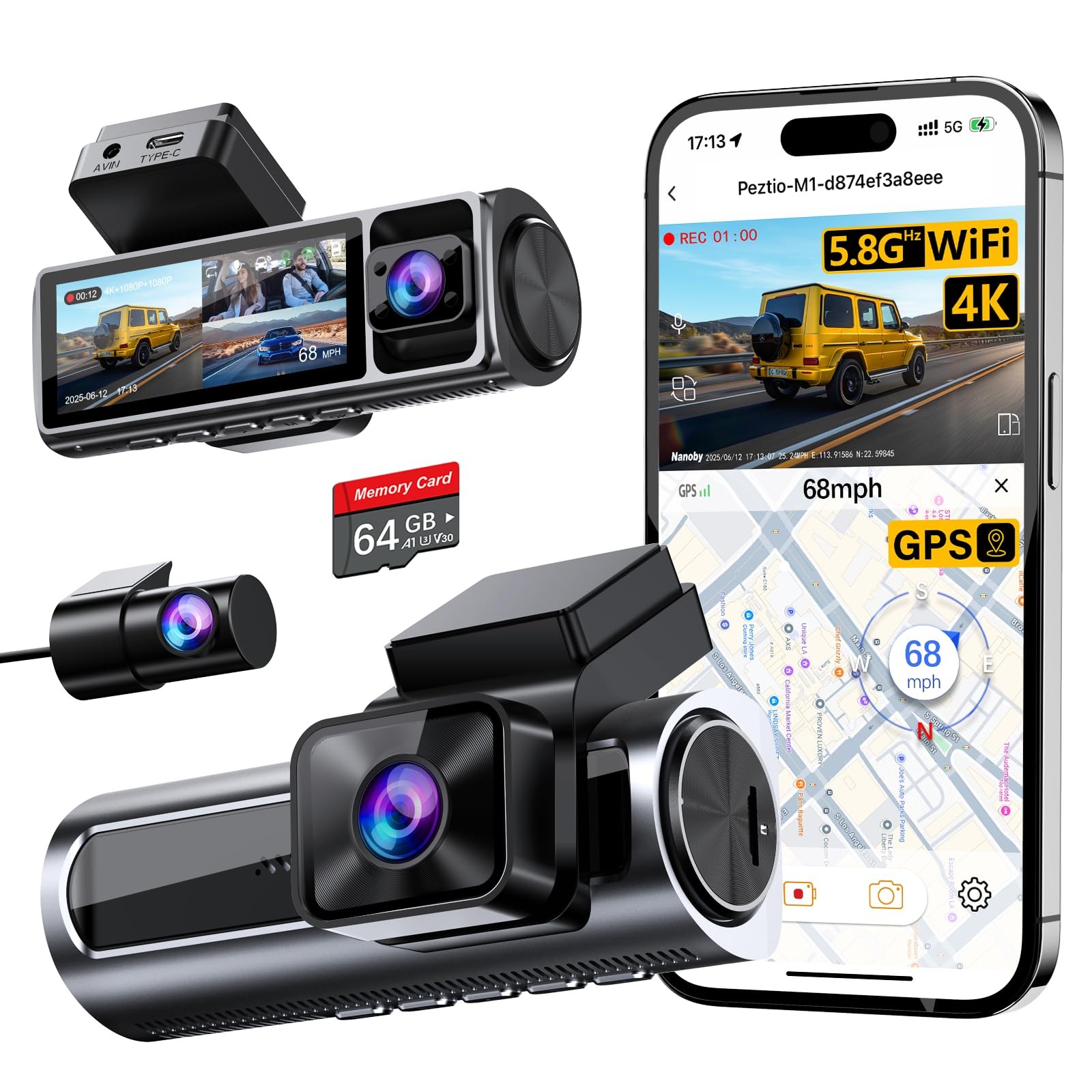 M1 4K 3-Channel Dash Cam Front Rear Inside, 5.8GHz WiFi, 64GB Card