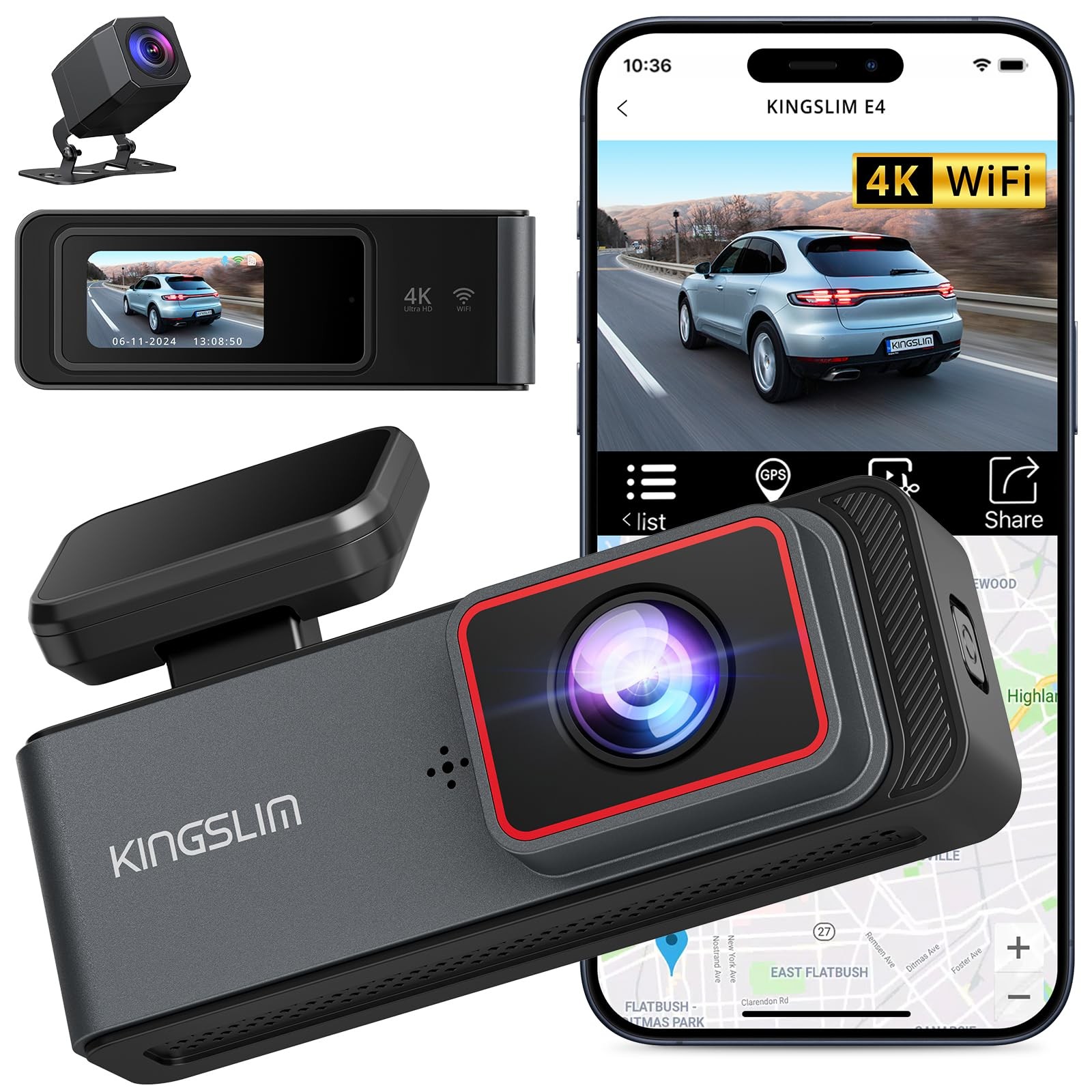 E4 4K Dash Cam Front and Rear, WiFi Front 4K Rear 1080P Dual Dash Camera for …