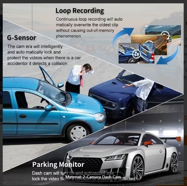Front and Rear Dual-Camera – Dash Cam Equipped with a 2-Inch IPS Screen