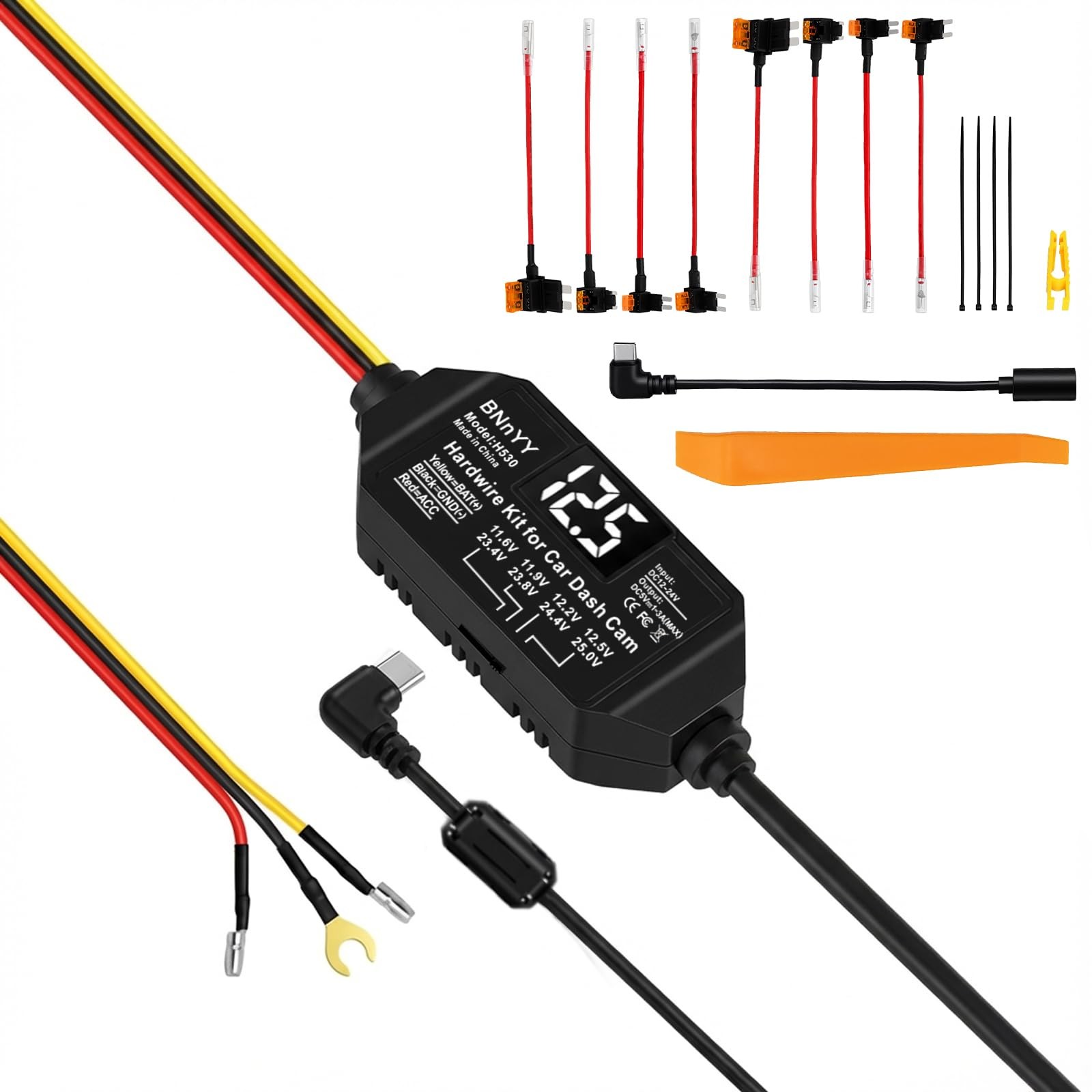 USB C Hardwire Kit 3-Lead Cable 11.6V-12.5V Dash Cam Dash Camera Parking Mode