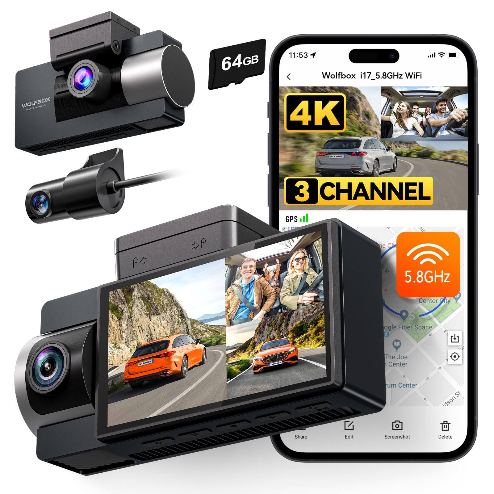 WOLFBOX i17 4K 3 Channel Dash Cam Built in 5.8GHz WiFi