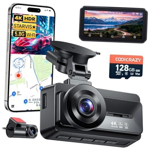 4K Dash Cam Front and Rear, STARVIS Sensor, Free 128GB Card Included, Black