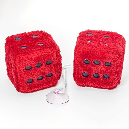 Fuzzy Plush Dice for Car Mirror, Pair of Retro 3” Dice with Black Dots for Red