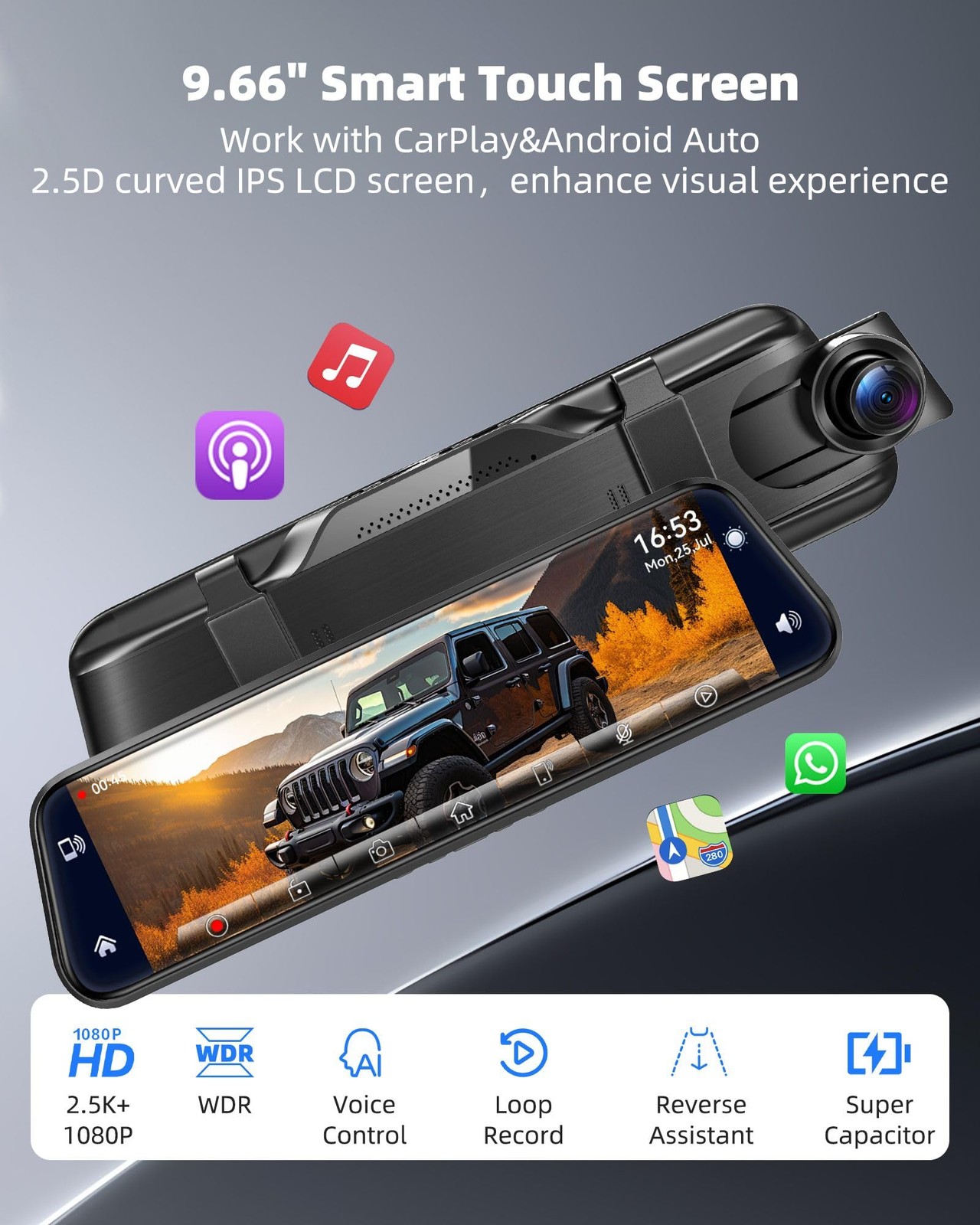 2.5K Mirror Dash Cam with Carplay&Android Auto,10″ Rear View Mirror Camera fo…