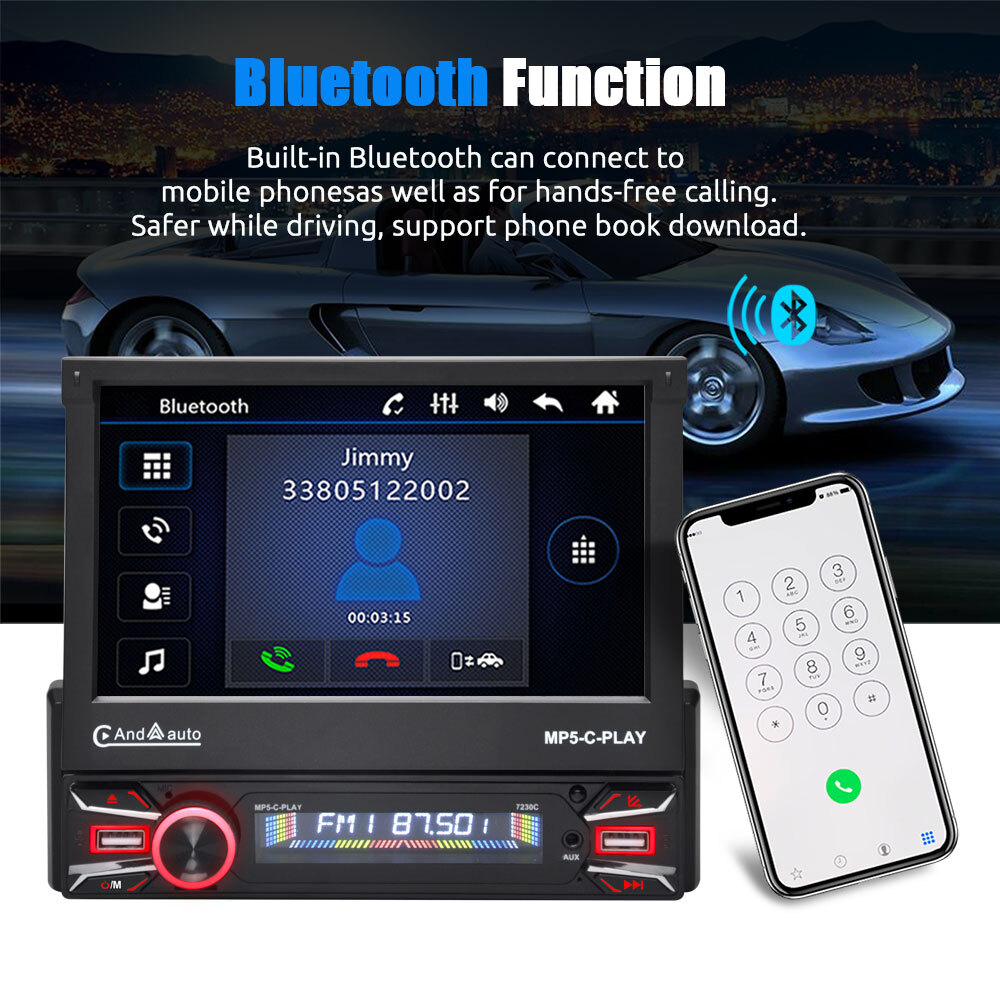 Single DIN Apple CarPlay Android Auto Car Stereo Radio Retractable Touch Screen