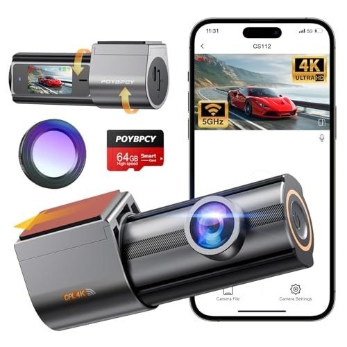 4K Dash Cam Front, 5GHz WiFi, UHD 2160P, 64GB Card, 24H Parking Monitor, Night V