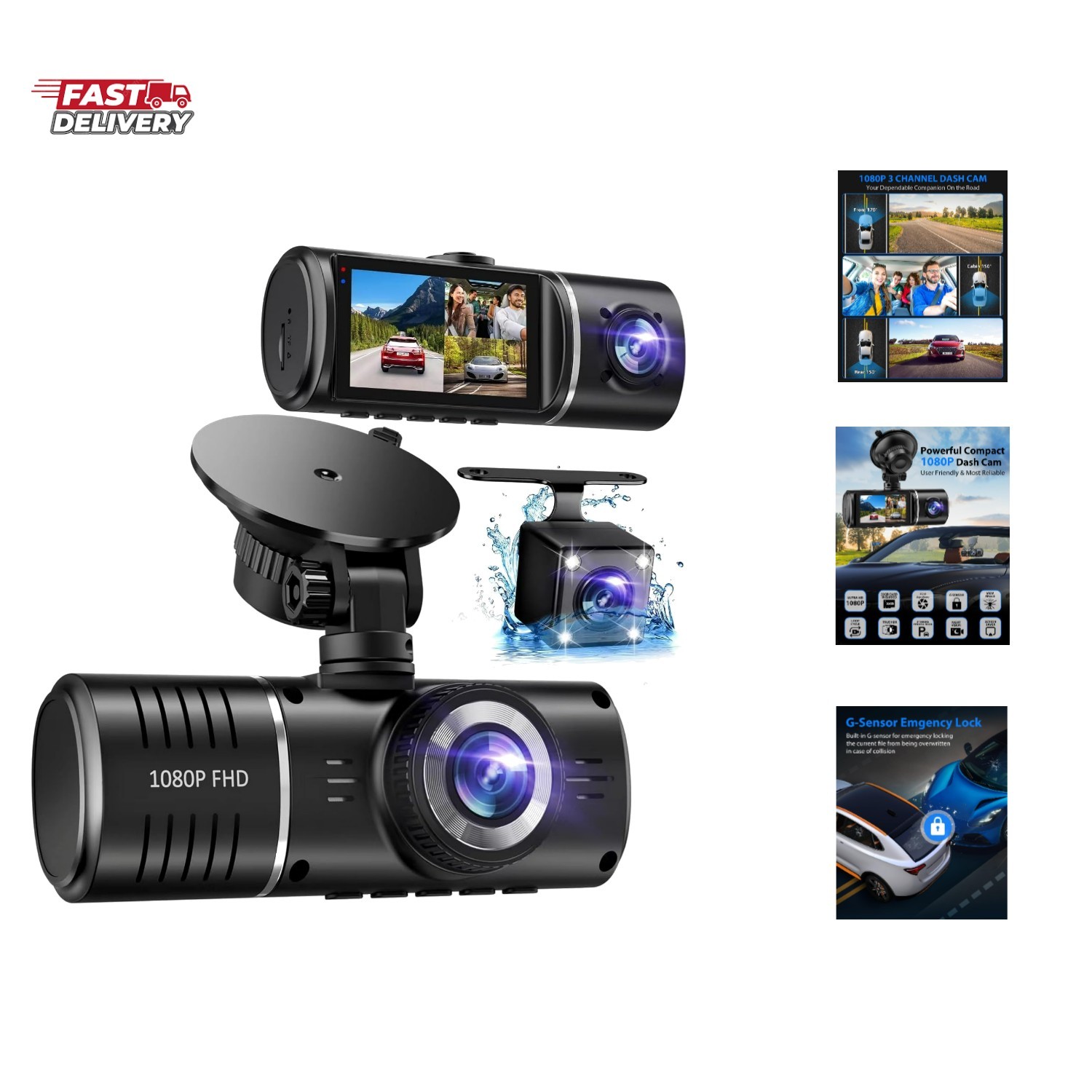 Dash Cam Front and Rear, 1080P Dash Camera for Cars, 3 Channel Car Camera Fro…