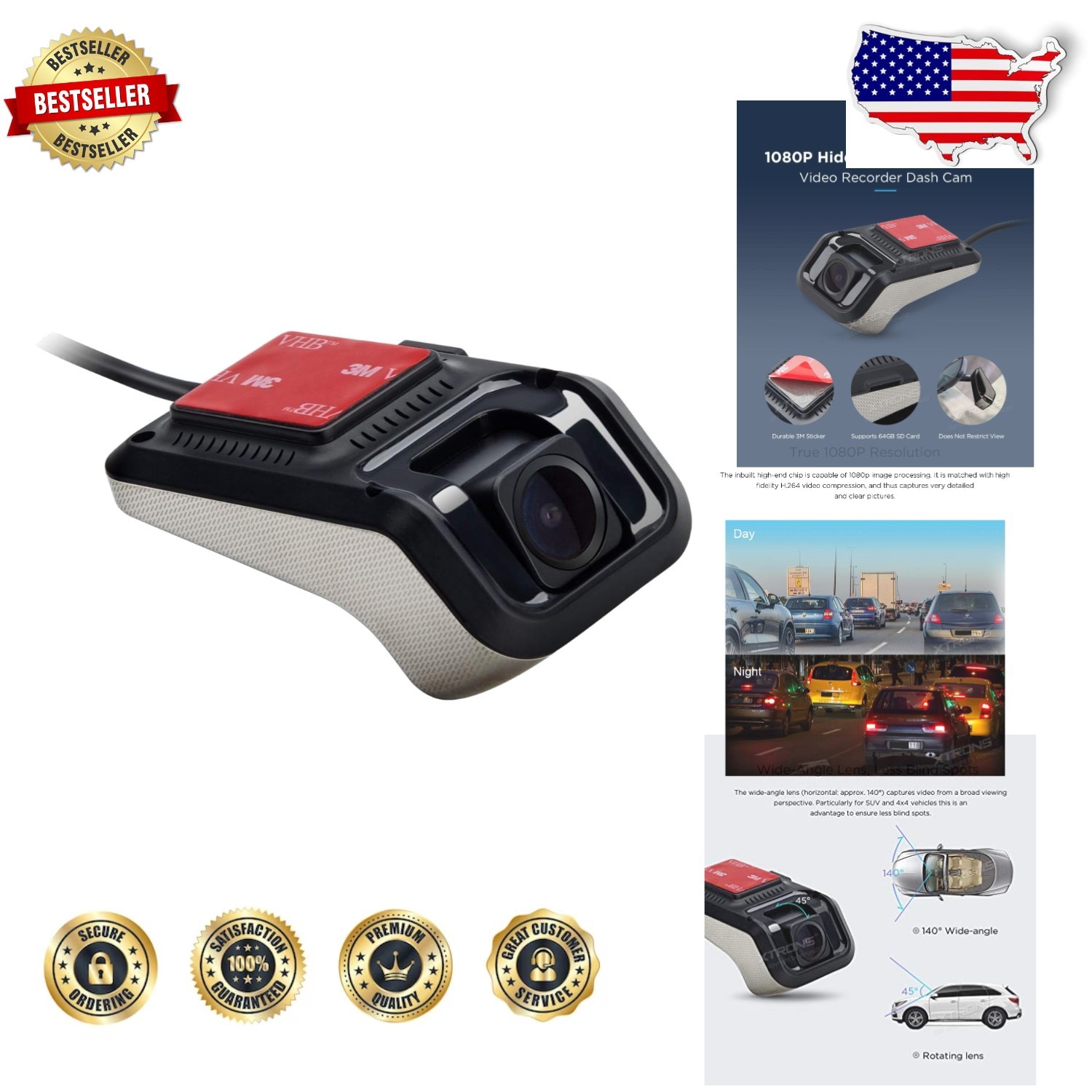 Car Dash Camera DVR 1080P FHD 140° Wide Angle, Loop Recording, Easy Install