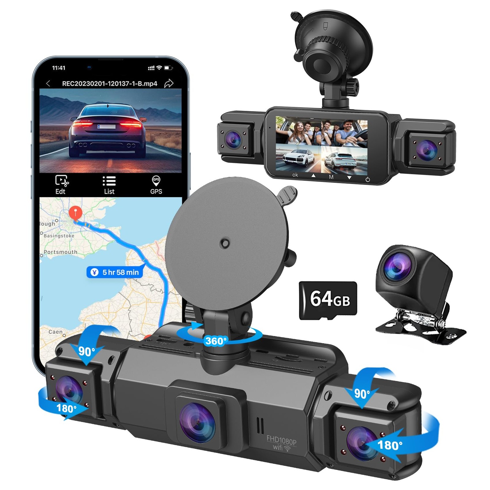 4 Channel Dash Cam, Front and Rear, 360 Dash Camera for Cars, 1080P FHD x4, F…