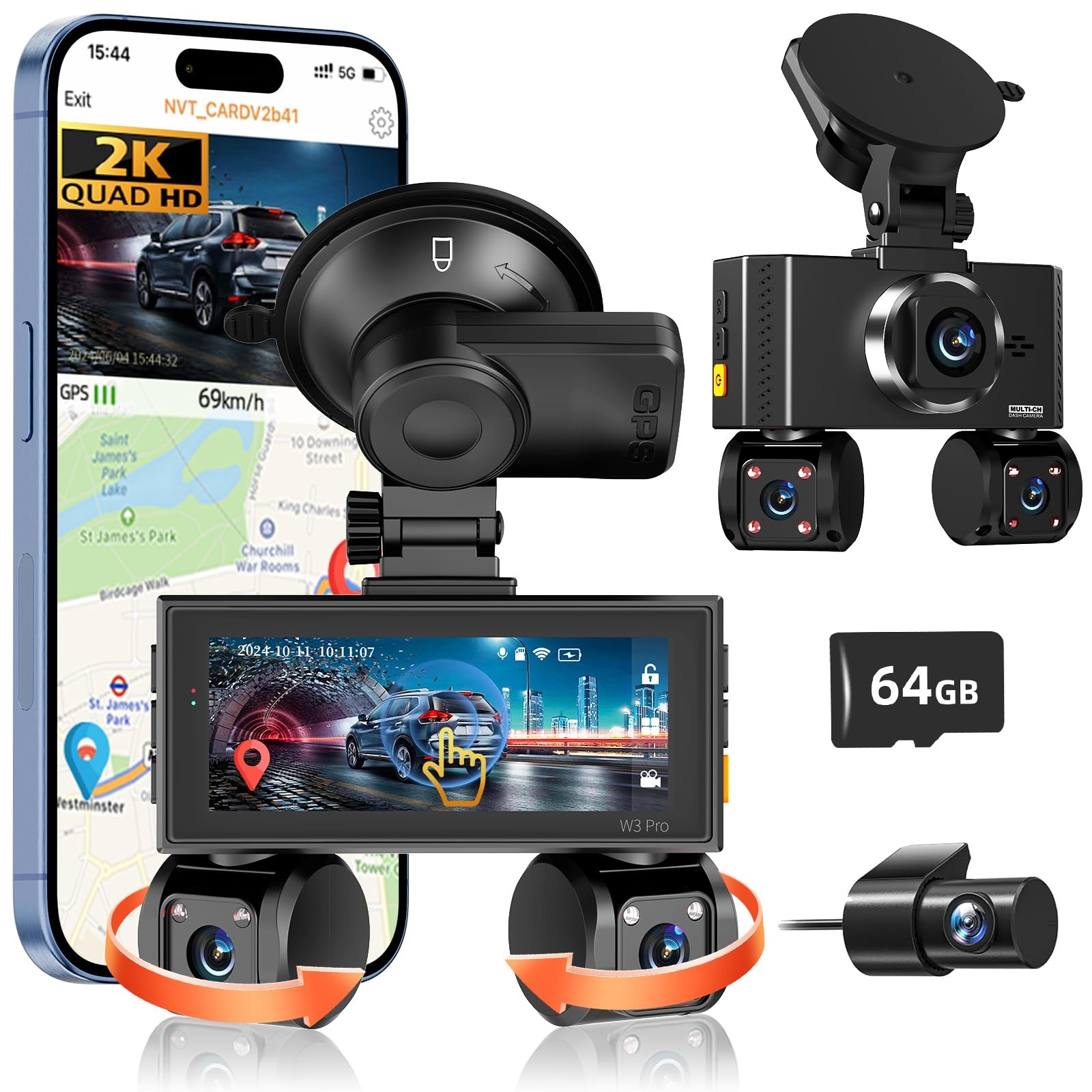 360° View 4 Channel Dash Cam Front and Rear, Dash Camera for Car with 3.16″ I…