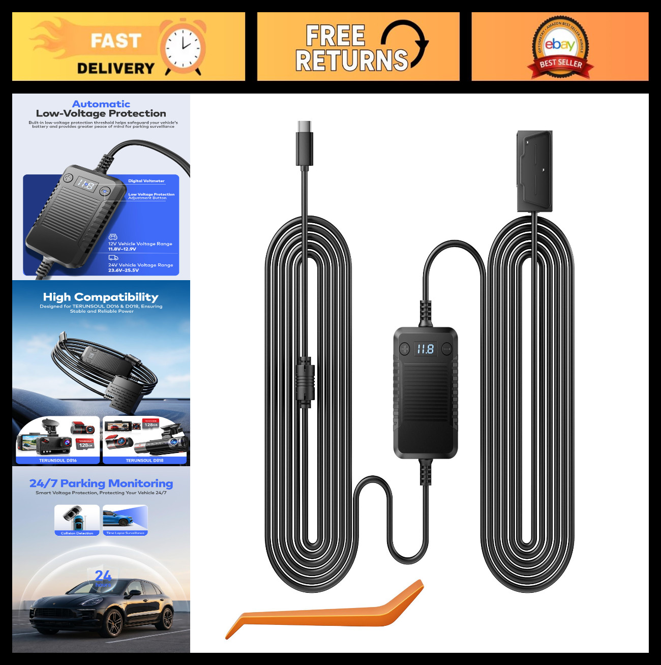 14.8Ft OBD Hardwire Kit with Voltage Indicator for USB C Dash Cameras, Compatibl