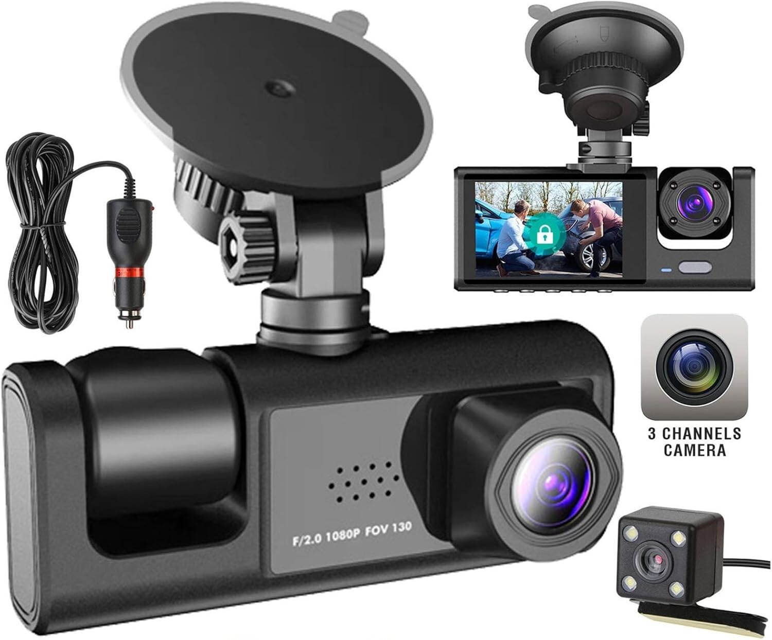 3 Channel Dash Camera Front and Rear Inside1080P HD Parking Mode G Sensor