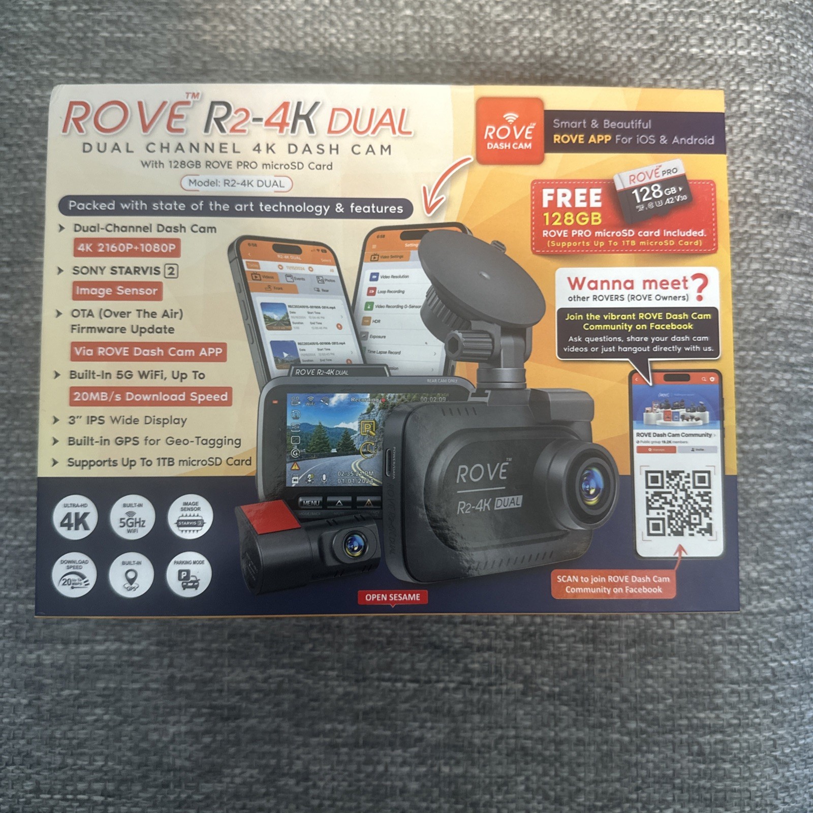 ROVE R2-4K DUAL Dash Cam Front & Rear | STARVIS 2, 128GB Card, 20MBps WiFi Speed