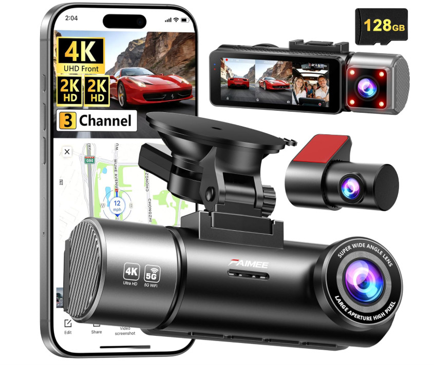Cámara Dash Cam Triple Canal 4K+2K+2K con GPS Integrado, WiFi Dual 5.8G/2.4G y T