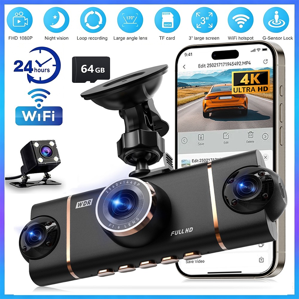 4-Channel Dashcam 360° 4K HD Car Dash Cam Front Rear Inside Left Right 5G Wifi