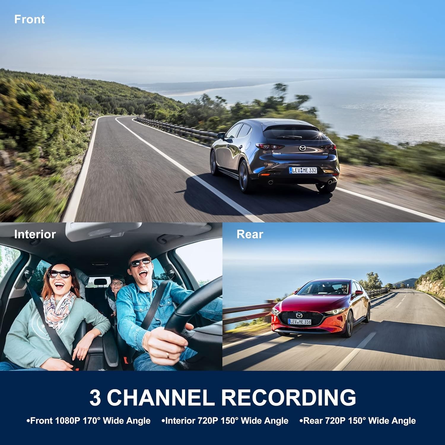 3 Channel 3 Lens GPS Dash Cam Front Inside Rear Car Camera 1080P IR Night Vision