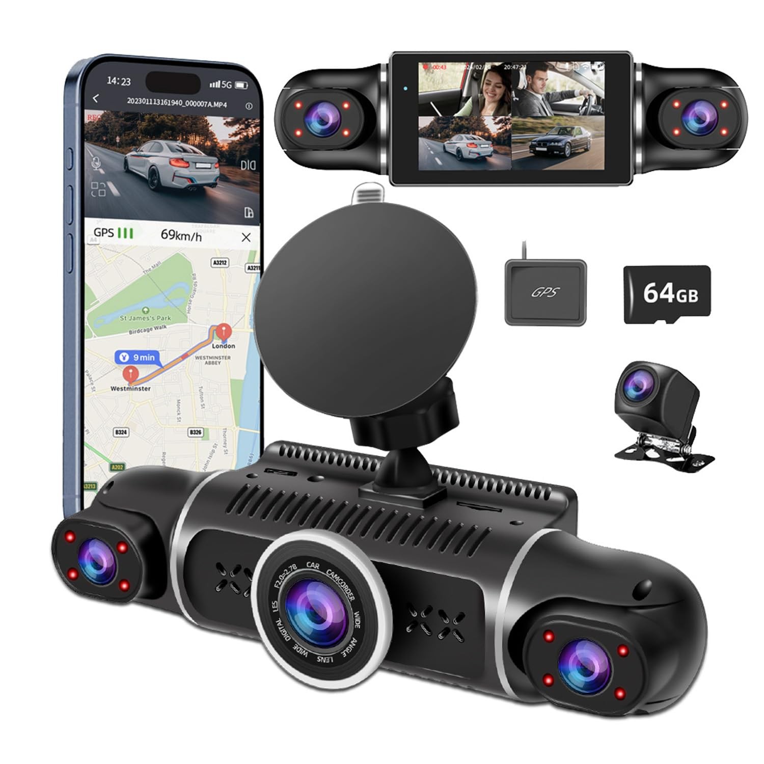 Dash Cam Front Rear Inside 4 Channel 2K+1080Px3 64GB