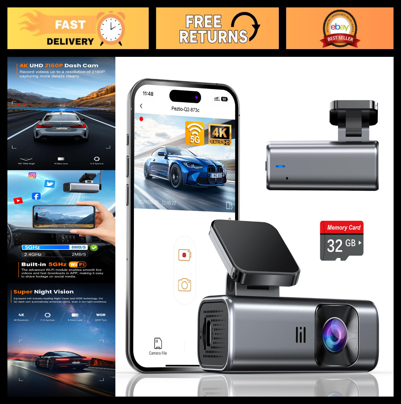 4K Front Dash Cam, 5GHz WiFi, 32GB Card, Mini, APP Control, 160° Wide Angle, G-S