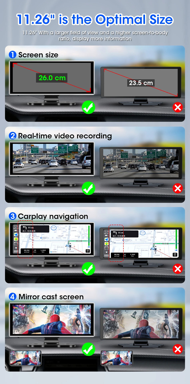 Develuck 11.26in Dash Cam 4K Car DVR Wireless CarPlay Android Auto GPS Dual Lens