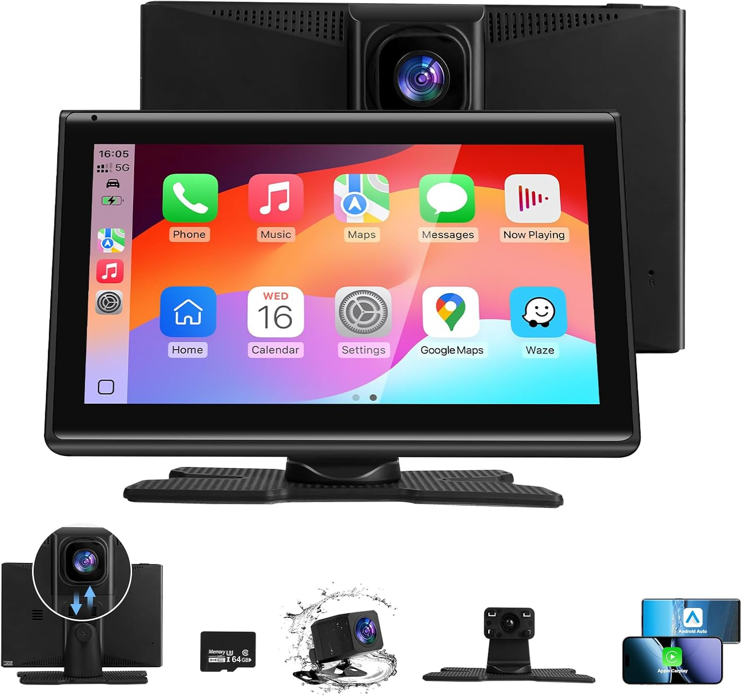 7″ Wireless Carplay Screen for Car- 4K Touchscreen, 4K Dash Cam &1080P Rear Came