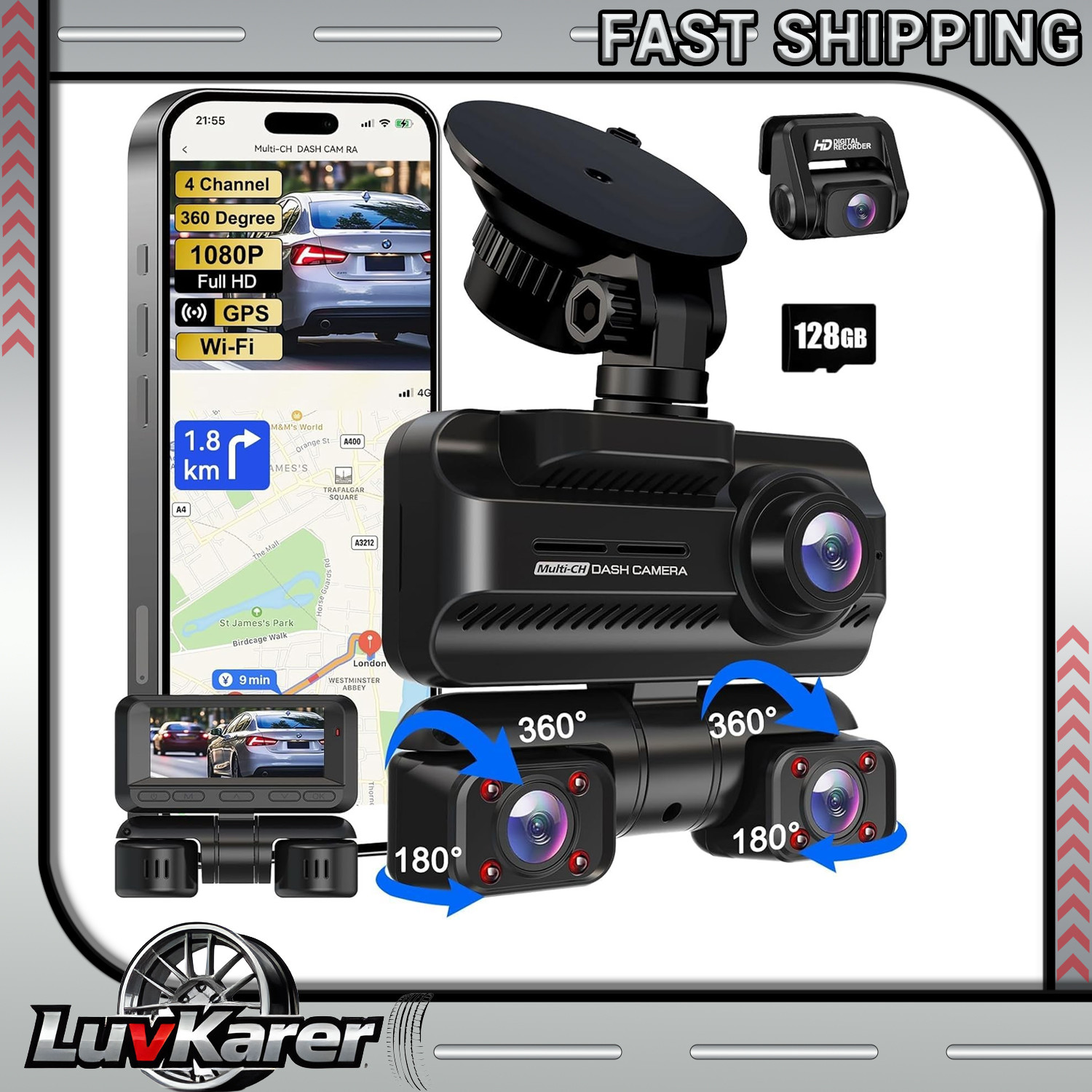 4K 4 Channel Dash Cam for Cars, Front Rear Inside Full Set,360°Dashcam, GPS WiFi