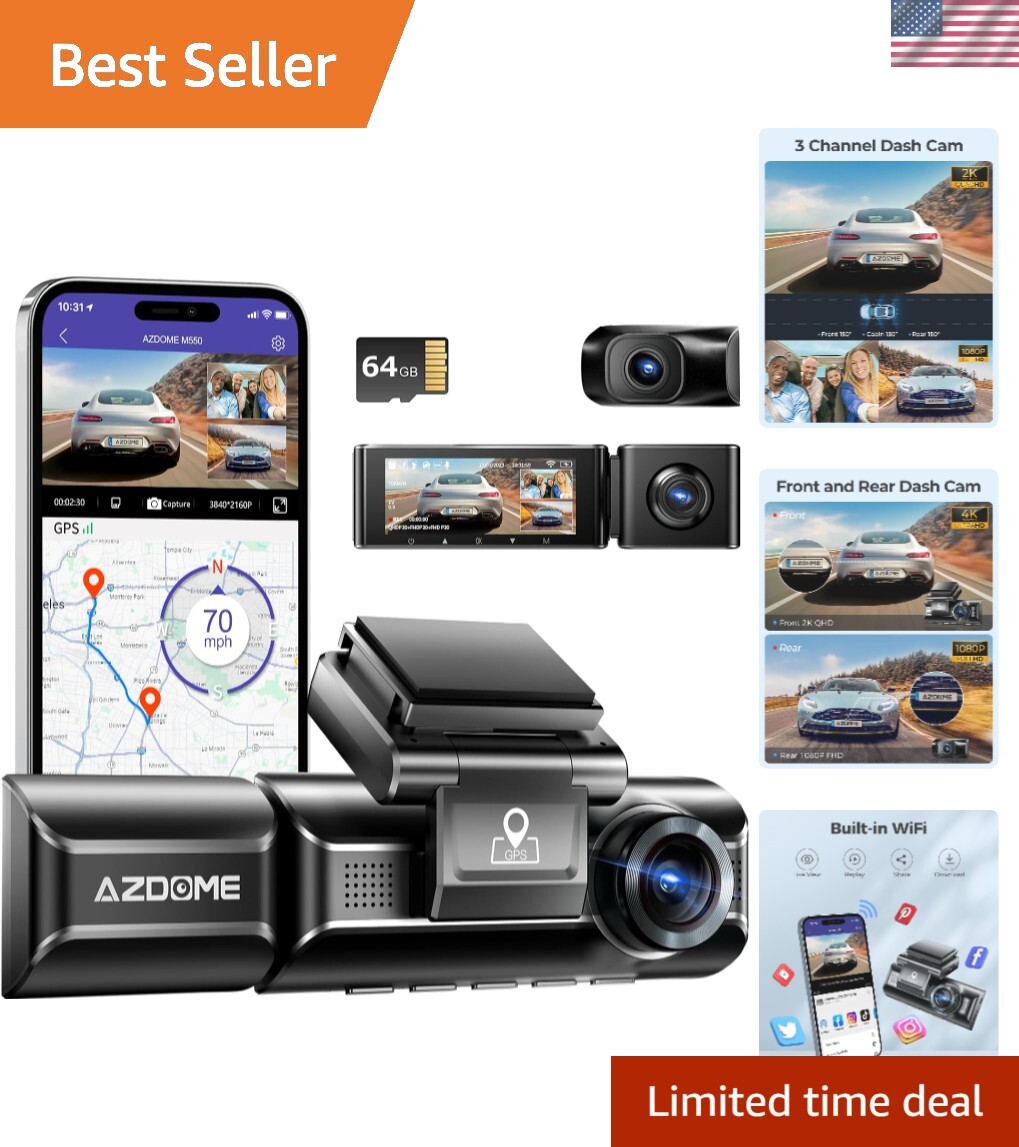 M550 3 Channel Dash Cam, 4K+1080P Dual Dash Camera for Cars Built-in WiFi GPS…