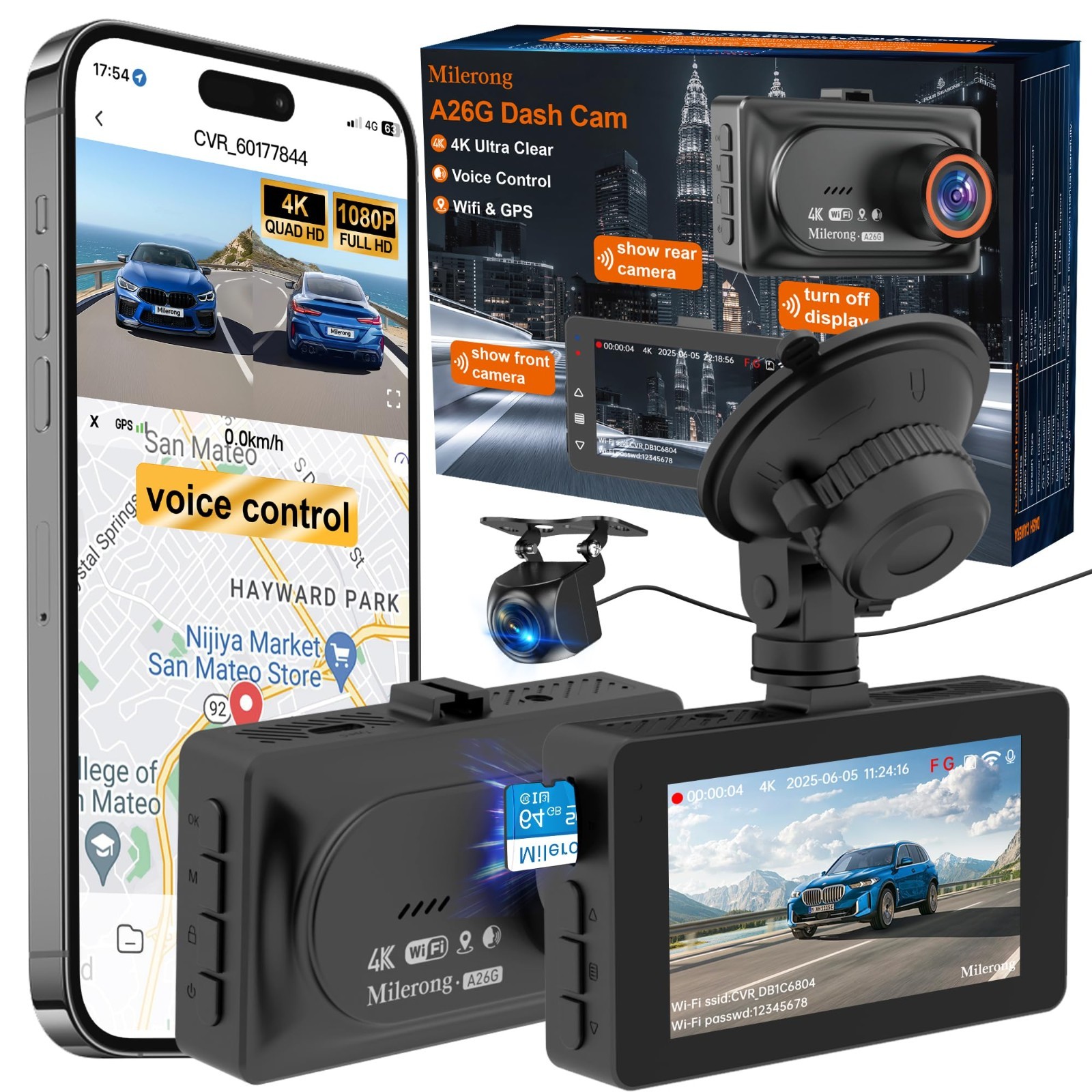4K Dual Dash Cam Front & Rear, WiFi GPS, Voice Control, 64GB Card, Night Vision