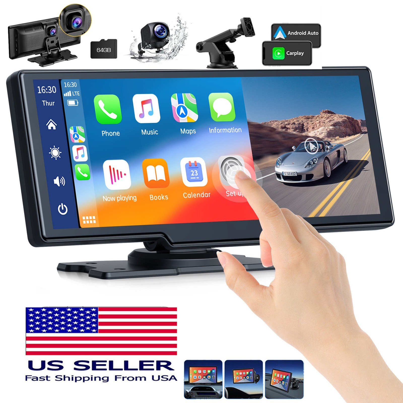 Wireless Carplay Screen for Car – 10.26″ Portable Car Stereo+1080P Backup Camera