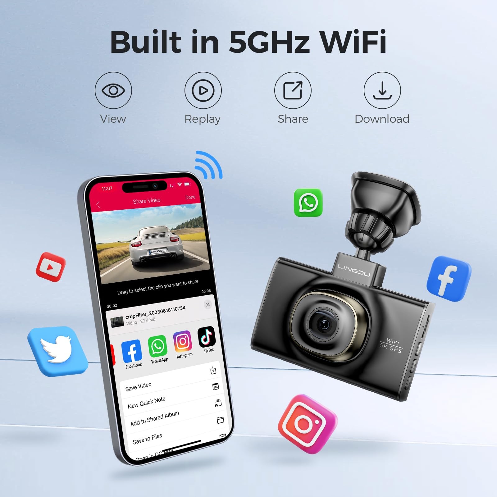 LD02 5K On Dash Cam 5G WiFi with Free 64GB Card, 4K+2K Front and Rear Dual Da…