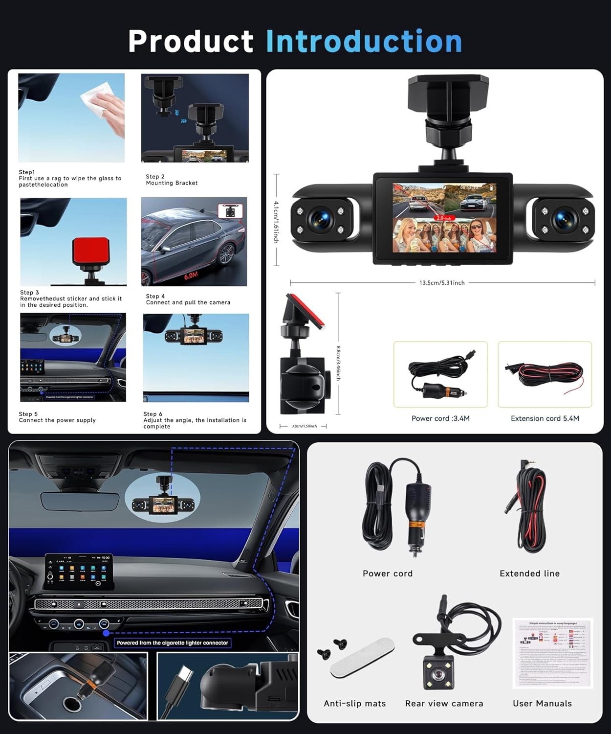 4 Channel 360 Dash Cam Front and Rear Inside Left Right, Dash Camera for Cars