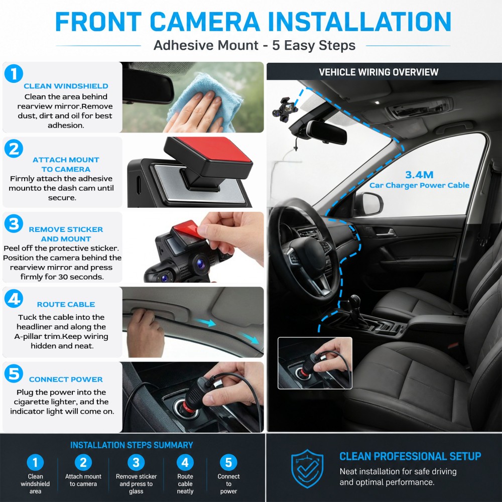 360° 1080P HD 4-Channel Dashcam Car Dash Cam Front Rear Inside Left Right