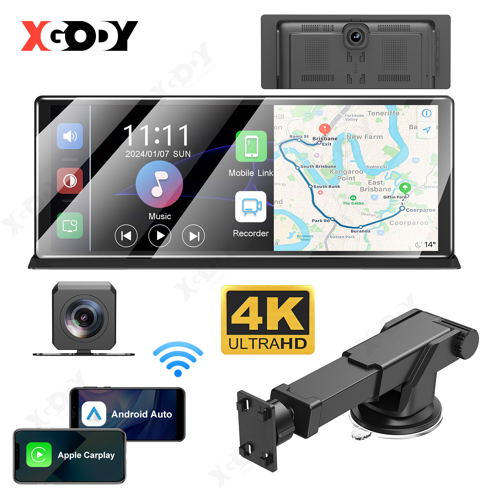 Portable 11.3″ Touchscreen Wireless CarPlay Android Auto Stereo w/4K BT Dash Cam