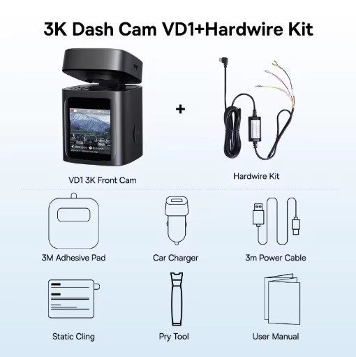 Baseus VD1 3K Dash Cam Front Rear GPS Car DVR Recorder 24H Parking Monitor