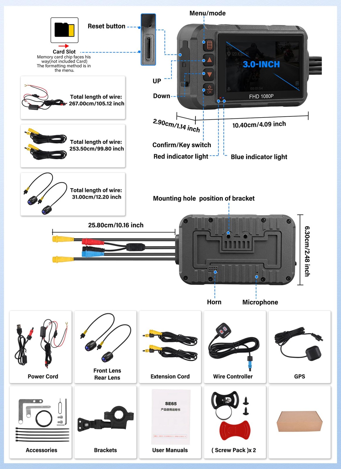 Motorcycle Dash Cam Dual HD Camera Front and Rear View,3″ IPS Screen 1080P IP…
