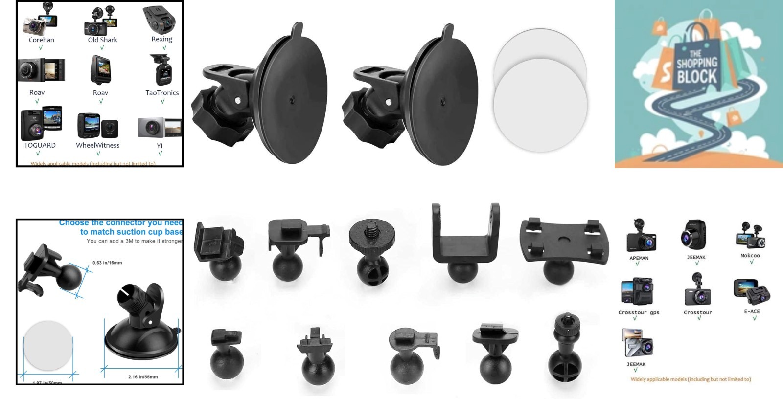 Black Dash Cam Suction Mount for Most 2.7-3 Inch Cameras, 16 Points
