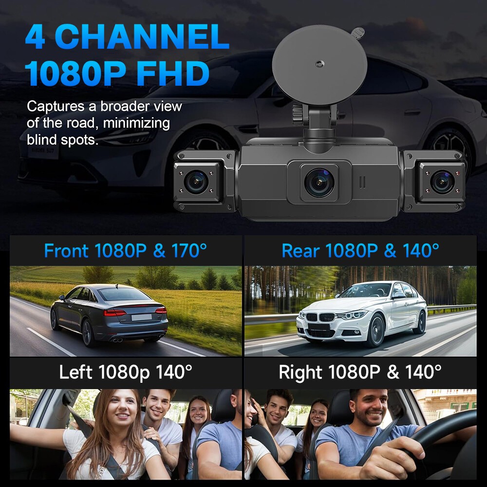 360° 1080P WiFi Dash Cam Front and Rear Inside Left Right 4 Channel Dash Camera