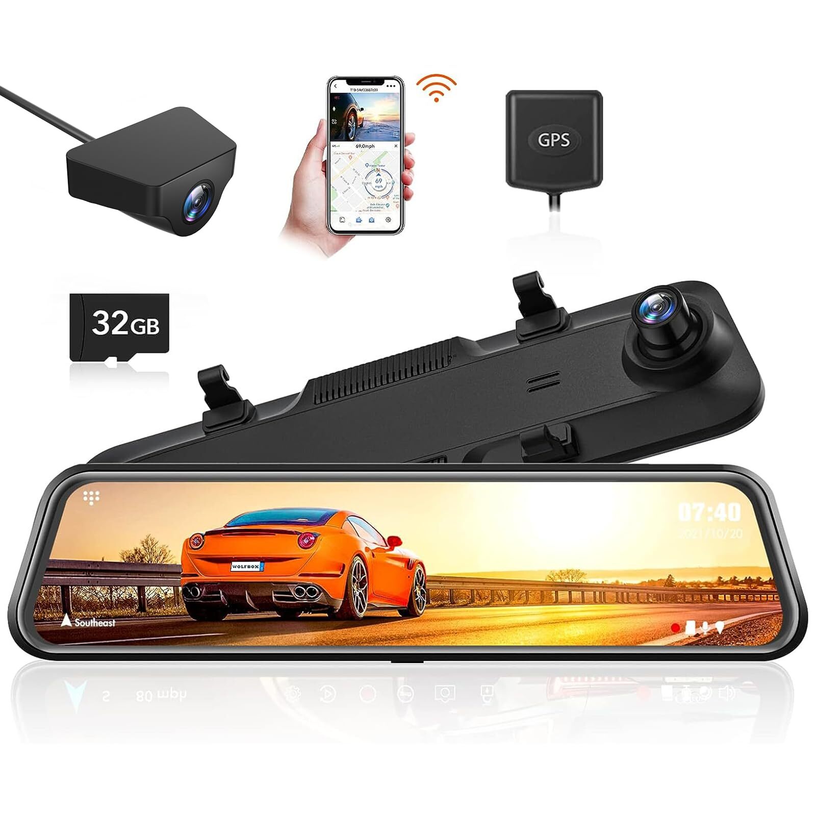 Mirror Dash Cam 12-Inch 2.5K WiFi with 1080P Rear 32GB Card GPS Included
