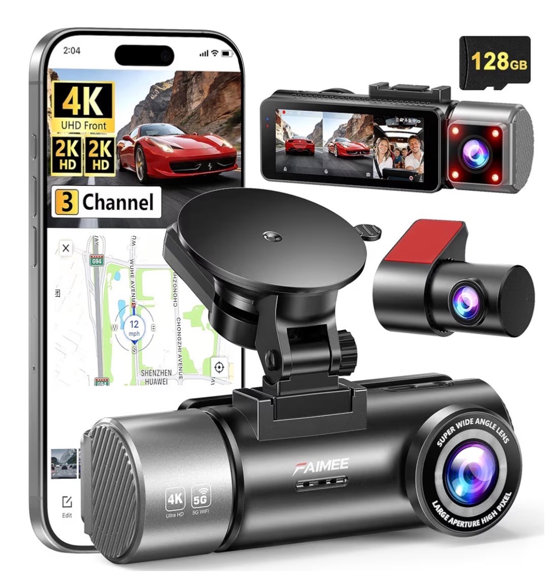 4K+2K+2K 3 Channel Dash Cam Front and Rear, 128GB Card Included, Dash Camera