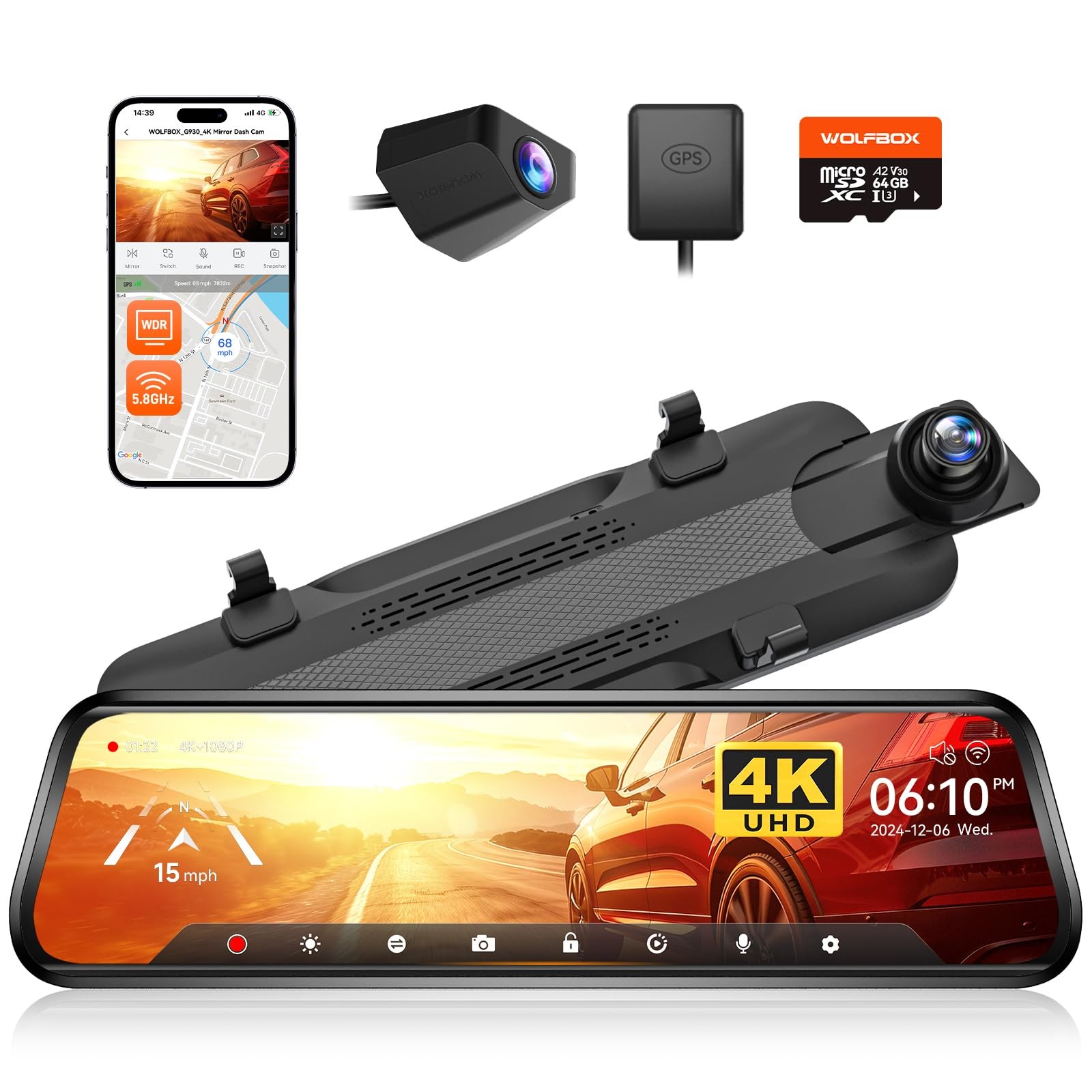 10Inch 4K Mirror Dash Cam Backup Camera