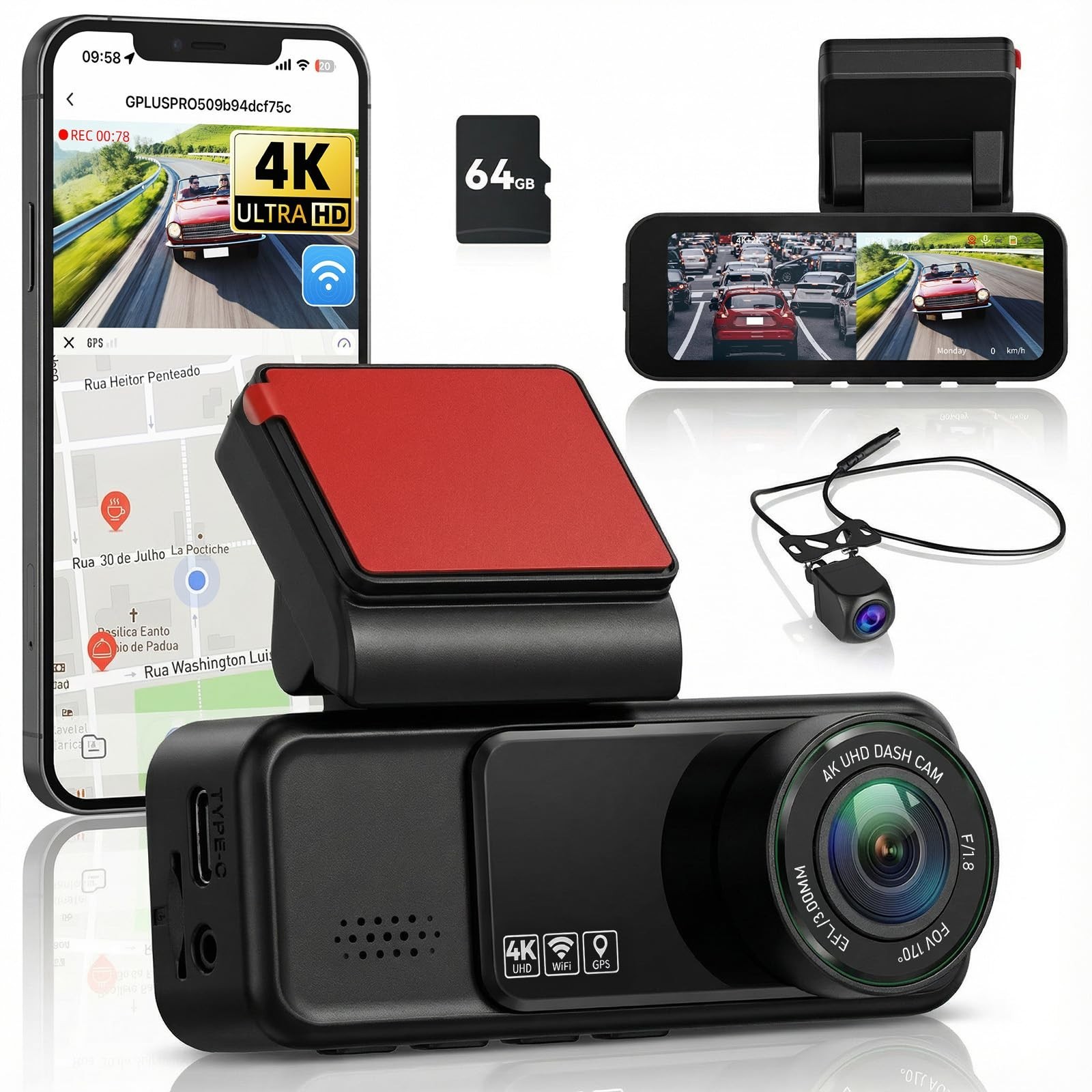 4K Dual Dash Cam Front & Rear, GPS, WiFi, Night Vision, Loop Recording, G-Sensor
