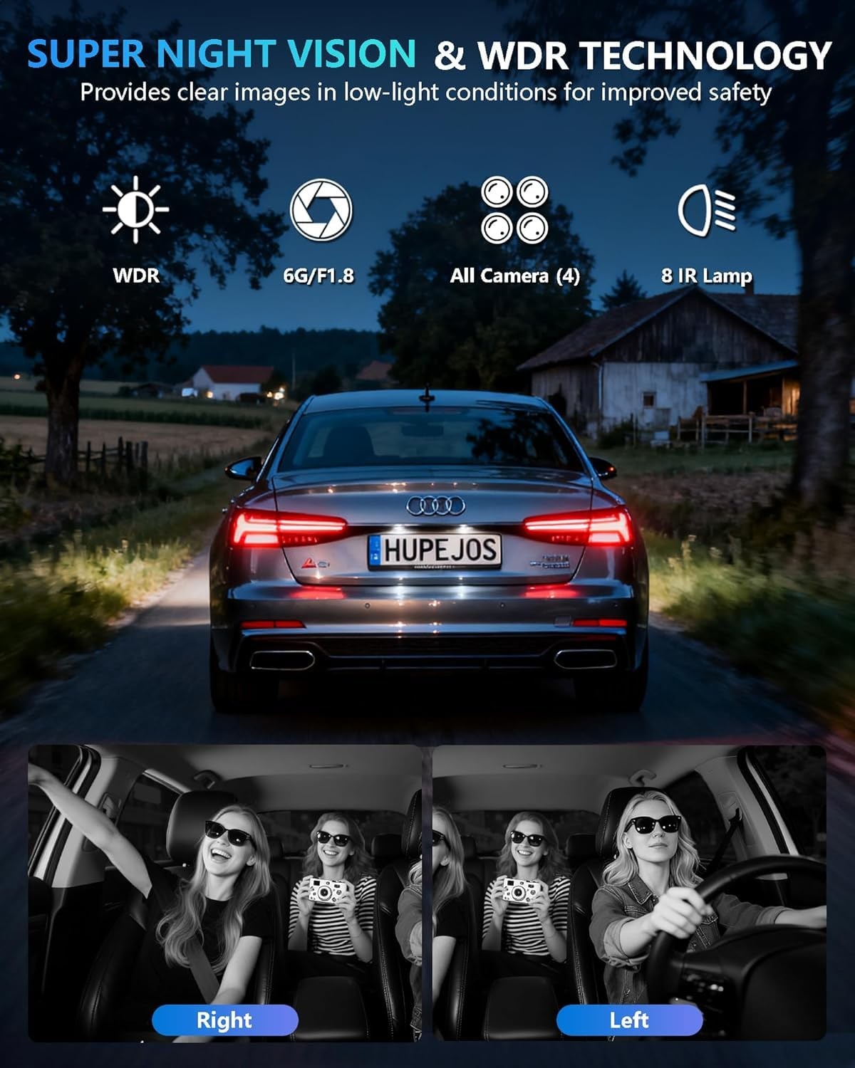4K 360° Dash Cam Front and Rear, 4 Channel Camera for Cars
