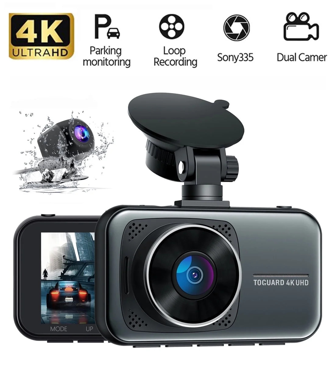 4K Dash Cam Front and Rear 3 Inch Dual Dash Camera, with 1080P Waterproof Car Ca