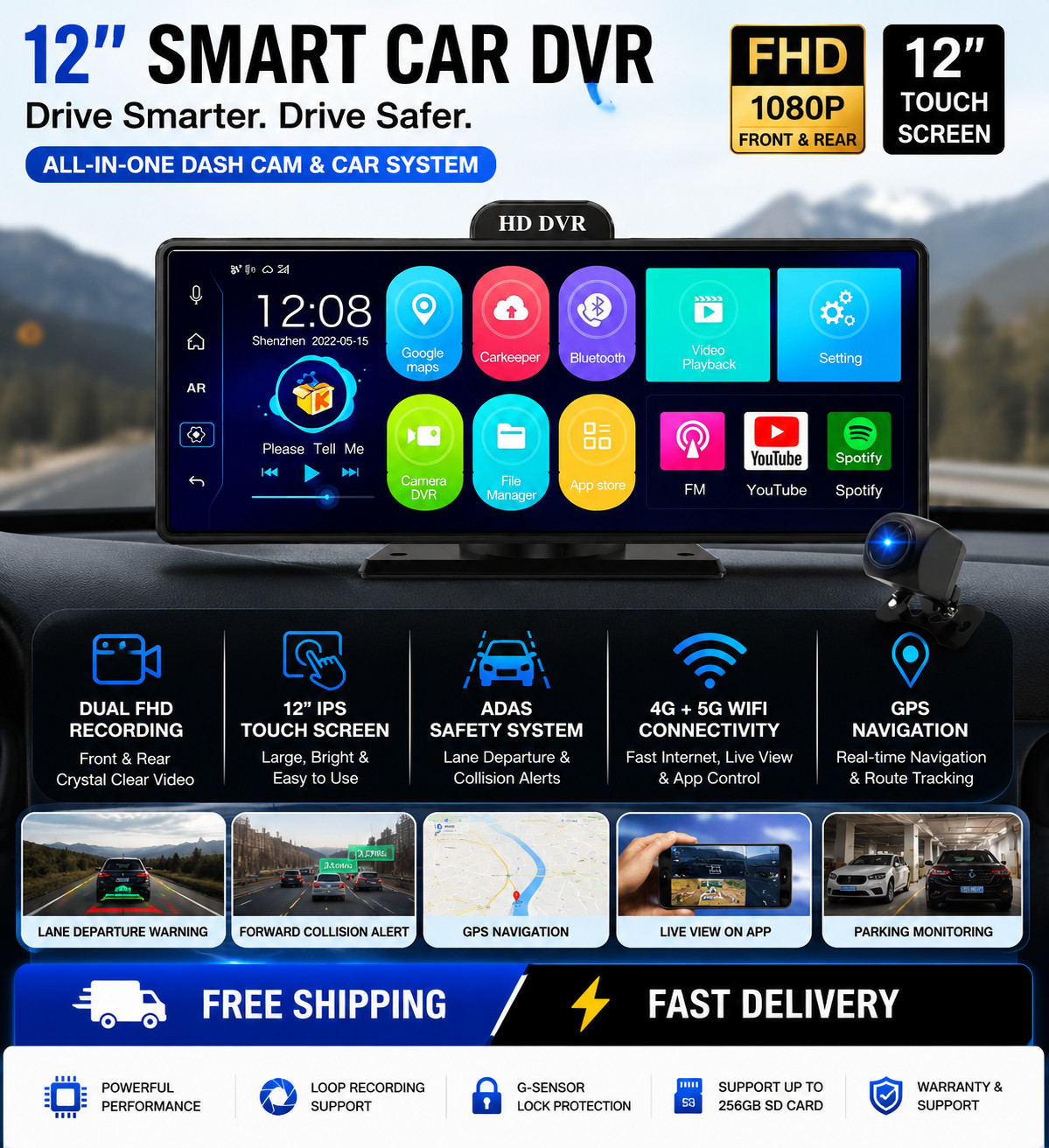 AUSHA 12 Inch Android Mirror DVR 4GB RAM Dual FHD Dash Camera ADAS GPS 5G WiFi