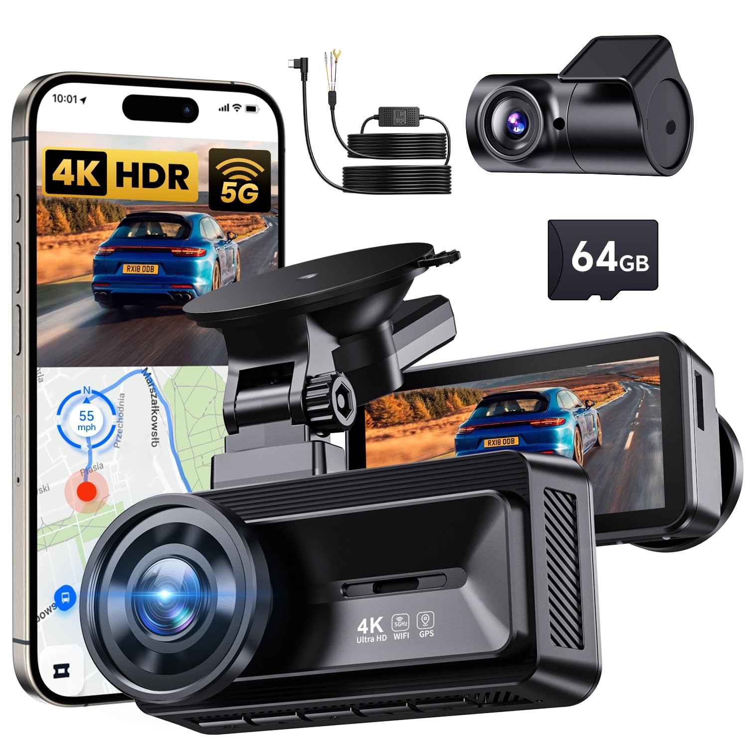 Dash Cam Front And Rear 4k Full Hd Dual Dash Camera For Cars Builtin 5g Wifi Gps
